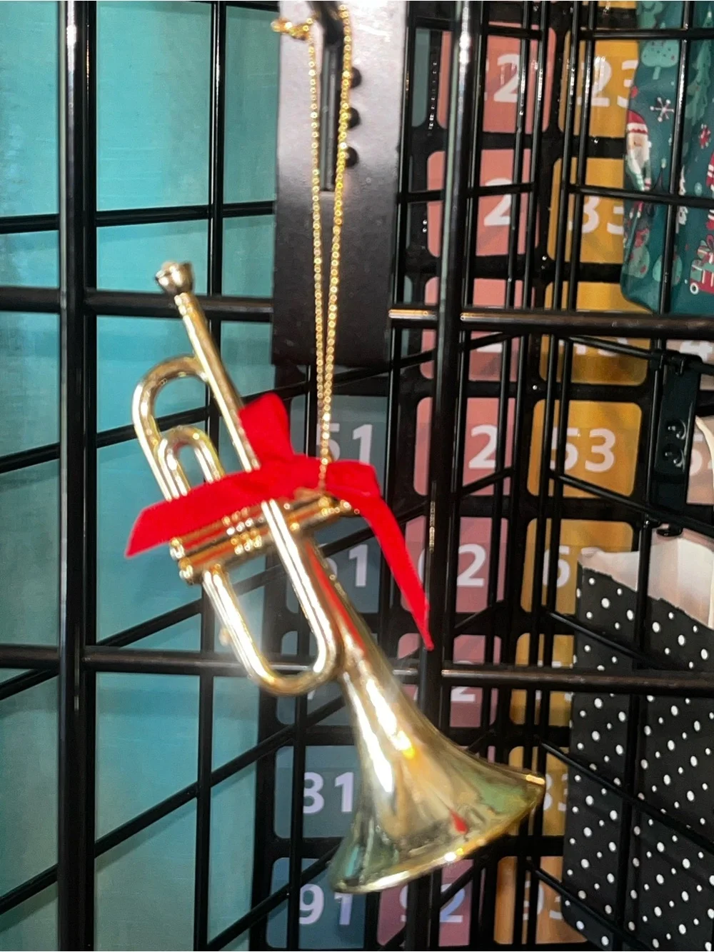 Gold Trumpet Ornament with Red Bow